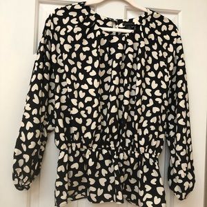 Ann Taylor, Black silky blouse with crème hearts. Elastic waist, keyhole back.